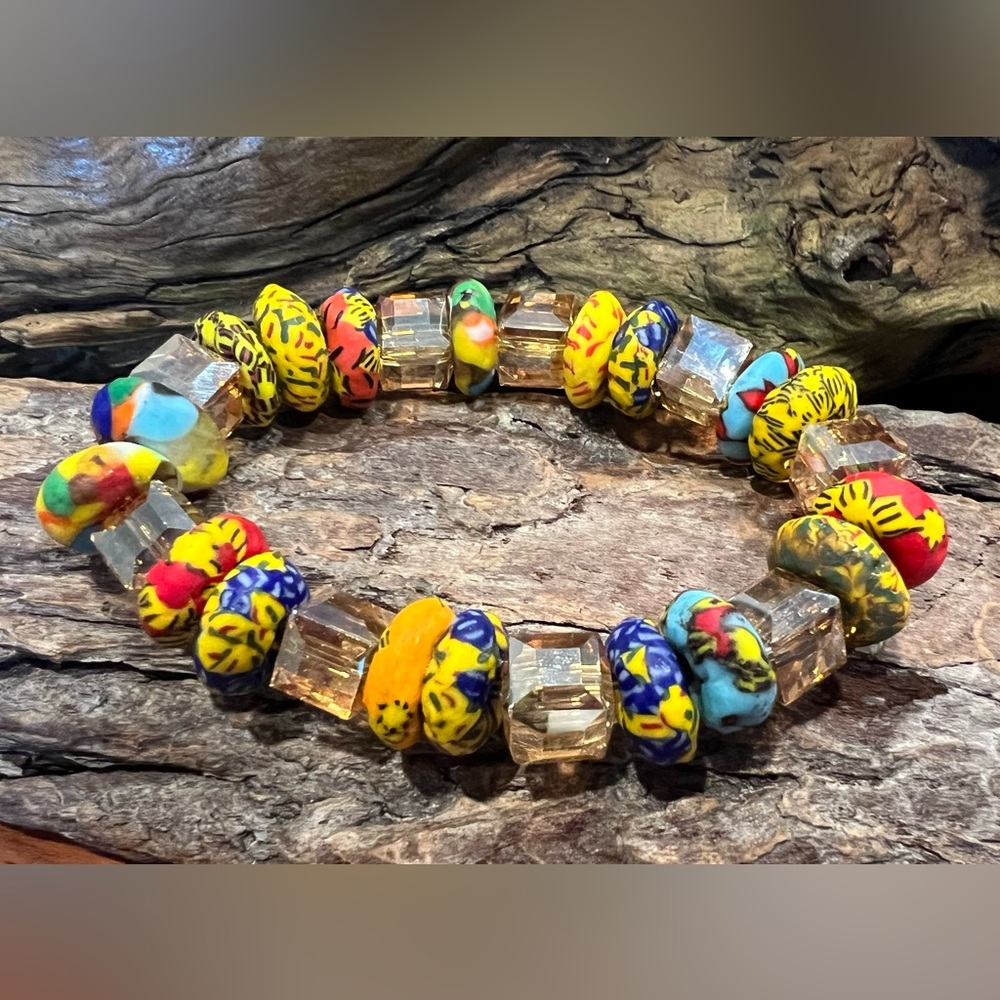 West Africa Krobo Beaded Bracelet Glass Crystals Blue Yellow Elastic Bracelet M
